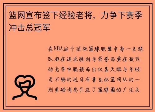 篮网宣布签下经验老将，力争下赛季冲击总冠军